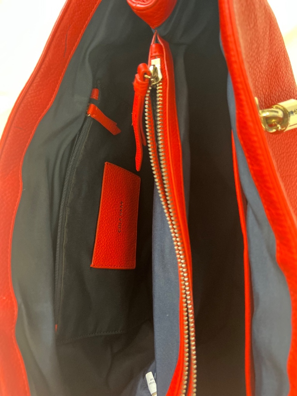 Cole Haan Red Pebbled Leather Tote Bag Gold Hardware Braided Handles - Picture 5 of 8